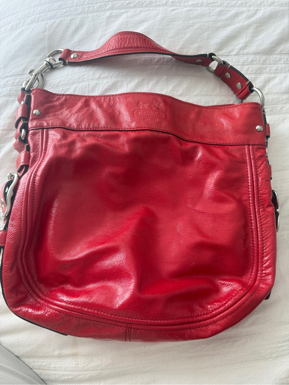 Coach Red Patent Leather Zoe Shoulder Bag Silver Hardware Stitching Accents